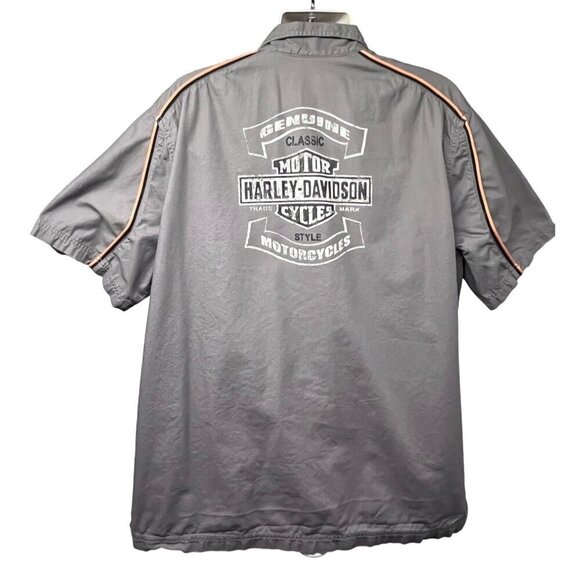Harley Davidson Mechanic Garage Gray Double Graphic Button Up Shirt 2XL Pocket - Picture 1 of 7